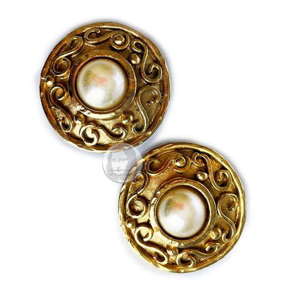 Edouard Rambaud Paris Earrings XL Round Etruscan Gold Metal Faux Pearl Vintage - Picture 2 of 12
